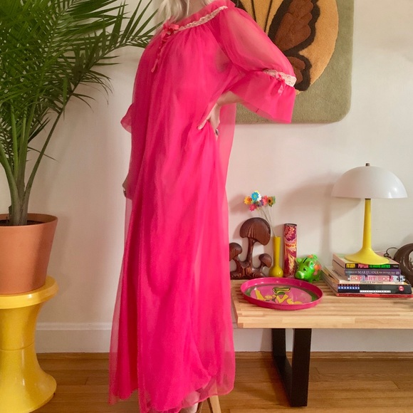 Vintage 70s got pink lingerie set peignoir robe ML - Picture 3 of 8